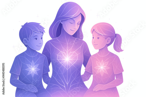Radiant Family Connection Illustration of Mother, Son, and Daughter with Glowing Hearts and Spiritual Flower Symbols in Futuristic Violet Gradient Paper Cut Style