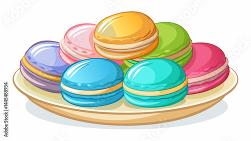 A collection of colorful macarons neatly arranged in a white dish.
Pastel tones in pink, green, yellow, and blue shine softly.
Their smooth shells and creamy centers invite a closer look.
Cleanly isol