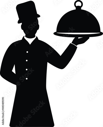 silhouette of a chef holding tray with cloche on white background