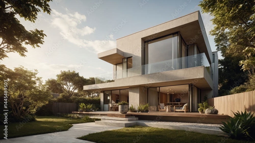 Elegant modern house exterior with striking architectural design in a luxurious suburban neighborhood setting