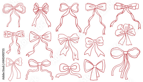 Pink hand drawn coquette style ribbon bows set. Retro cartoon festive girlish design elements collection.