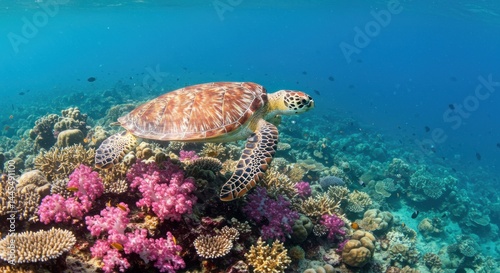 Fototapeta Naklejka Na Ścianę i Meble -  Sea turtle swimming over coral reef. Photos