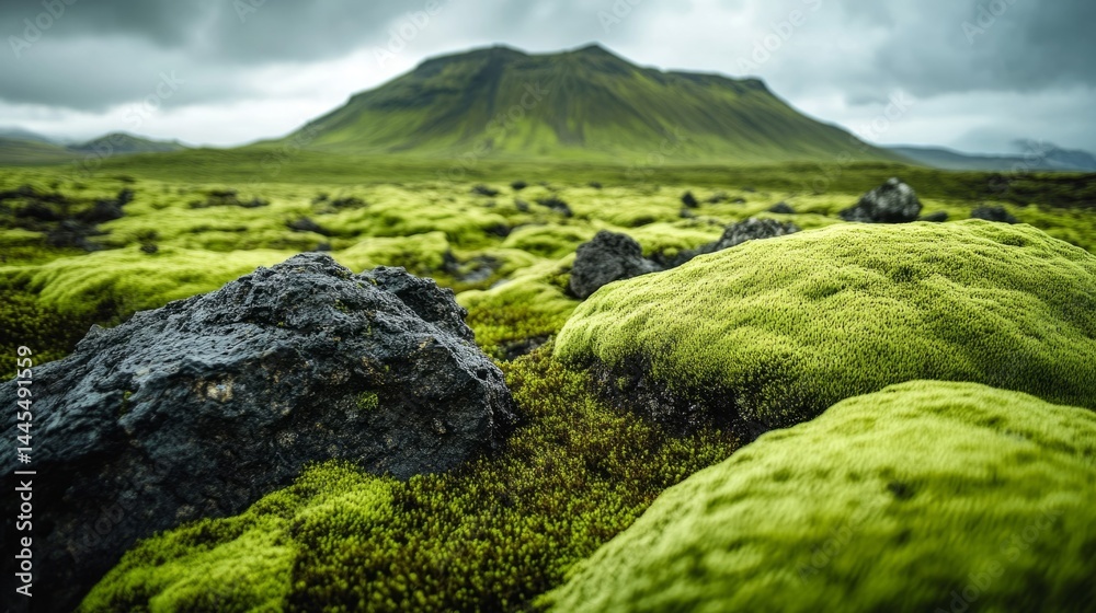 Naklejka premium Green Mossy Landscape with Dark Volcanic Rocks and Mountain