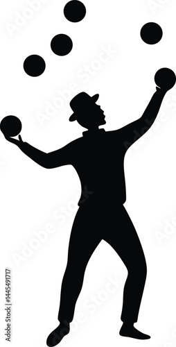 silhouette of a juggler tossing balls on white background