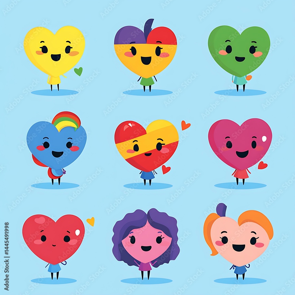 LGBTQ+ flag cartoon heart characters, vector LGBTQ+ flag cartoon heart characters, vector