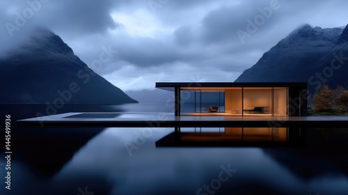 Modern, minimalist, floating house on a tranquil lake, surrounded by majestic mountains, bathed in soft evening light