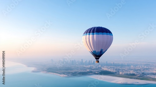 Hot Air Balloon over Cityscape High-Definition Aerial Shot, Soft Morning Light, Wide Angle View, Peaceful Flight Dubai Skyline, Pastel Blue Hues, Tourism Advertisement