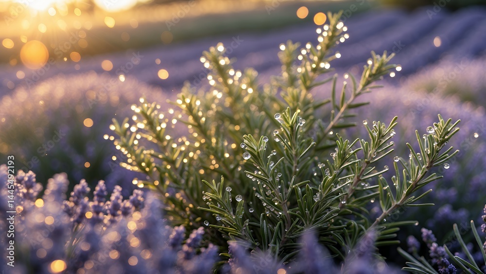 Obraz premium Rosemary with water droplets in lavender field
