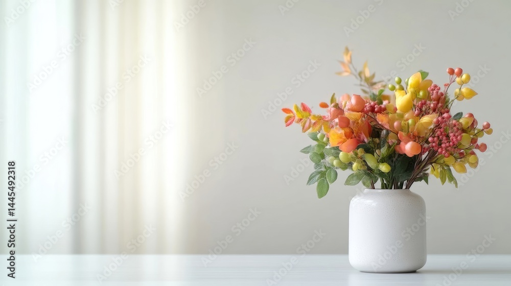 A white vase with colorful wildflowers on a minimalist table, soft natural light in the background, and serene and elegant home decor composition. A white vase with colorful wildflowers on a minimalist table, soft natural light in the background, and serene and elegant home decor composition.