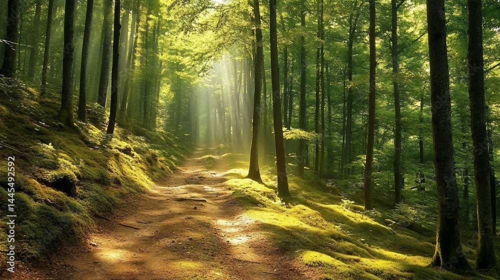 Obraz premium Sunlight filtering through a lush forest pathway.