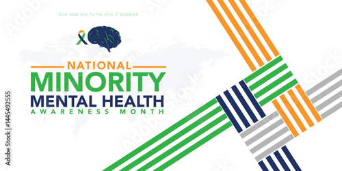 Minority Mental Health Awareness Month. Vector web banner for social media, poster, card, flyer. Text Minority Mental Health Awareness Month, July. Human head, a plant with leaves on white background.