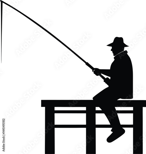 silhouette of a man fishing off dock on white background