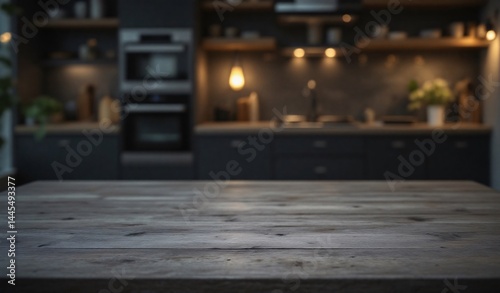 Wallpaper Mural Grey matte wood table in focus with warm blurred kitchen at night behind. Soft ambient lights, dark cabinets, and cozy modern interior style. Torontodigital.ca