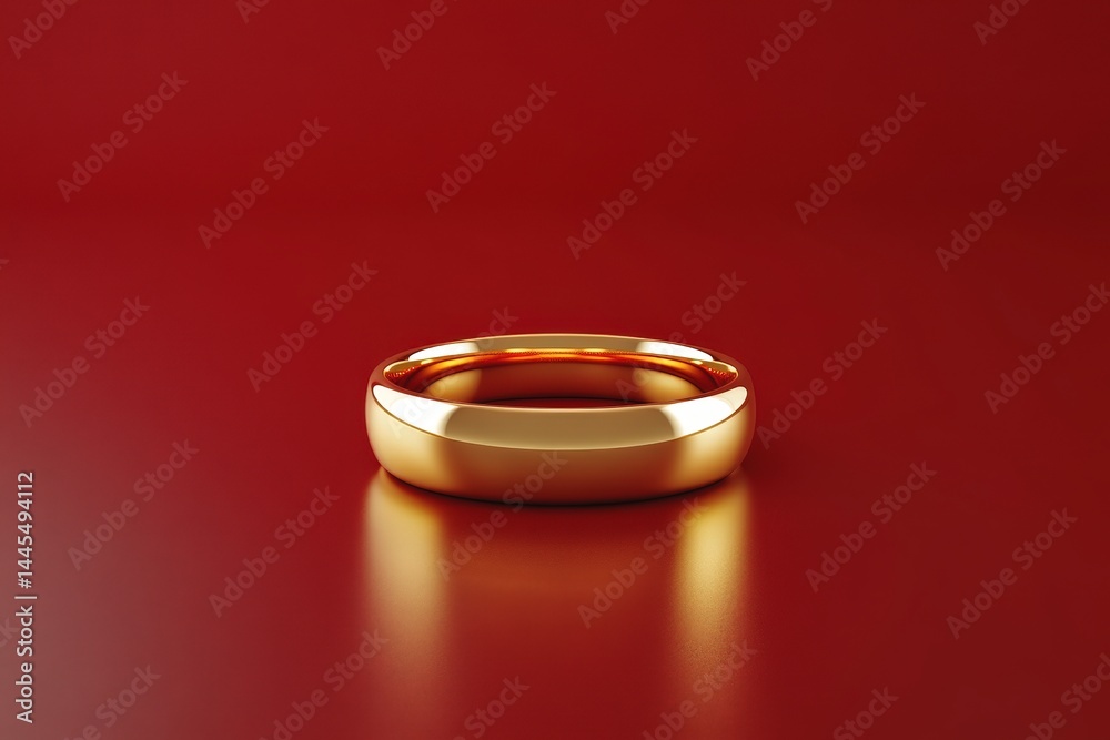 Elegant gold ring displayed on a red background, showcasing its shiny and smooth surface to emphasize craftsmanship and design