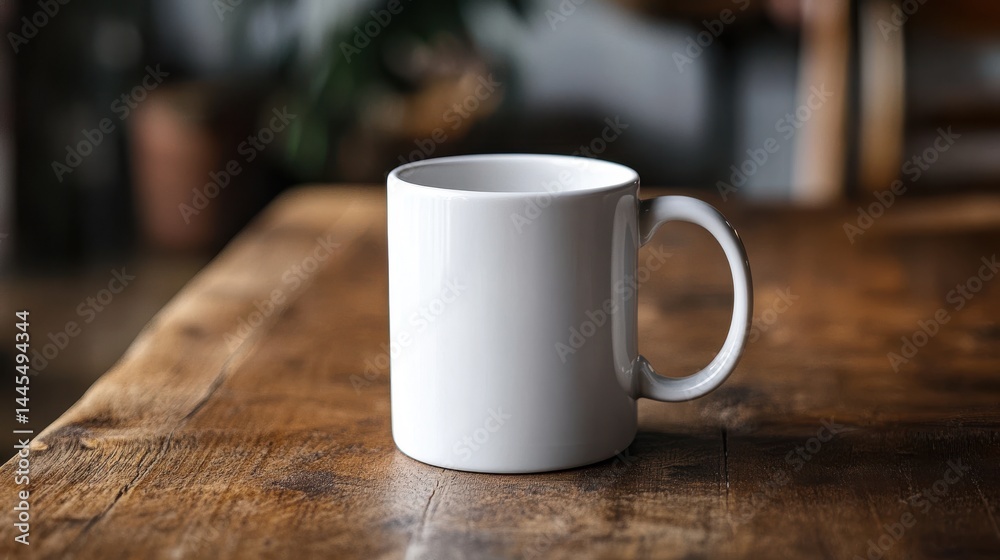 Blank white coffee mug on rustic wooden table in cozy cafe Blank white coffee mug on rustic wooden table in cozy cafe