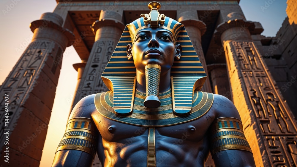 Fototapeta premium Majestic statue of a Black pharaoh, adorned in gold and blue, stands tall against the backdrop of ancient pillars. A timeless image of power and history.