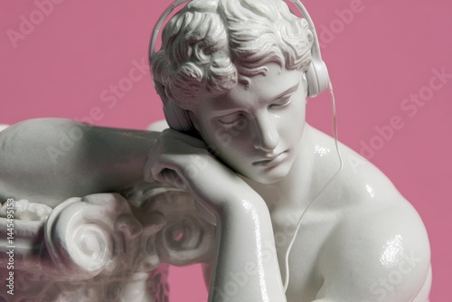 Classical statue of a young man wearing headphones against a pink background showcasing the blend of art and modern technology