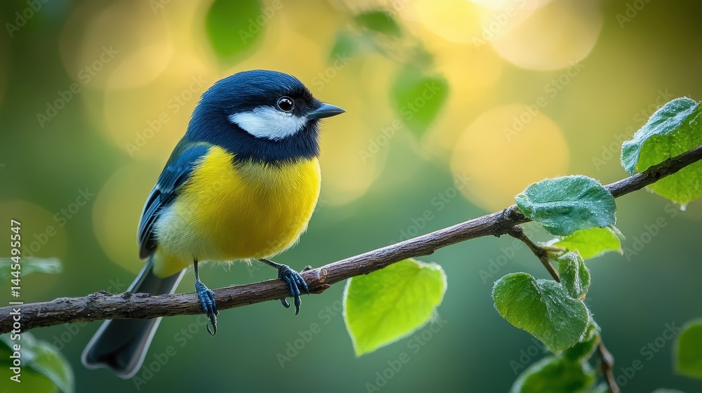 Fototapeta premium Colorful great tit perched on branch with lush green leaves in sunlit background