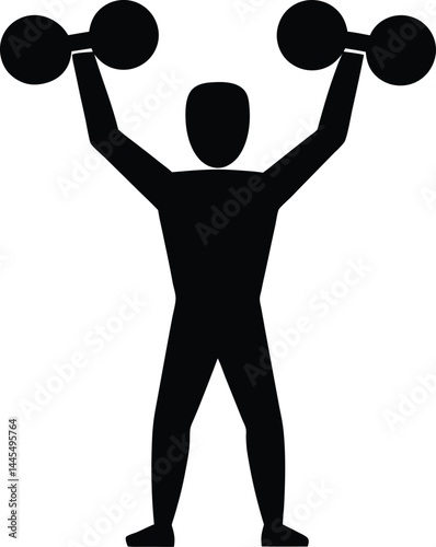 silhouette of a person lifting dumbbells overhead on white background