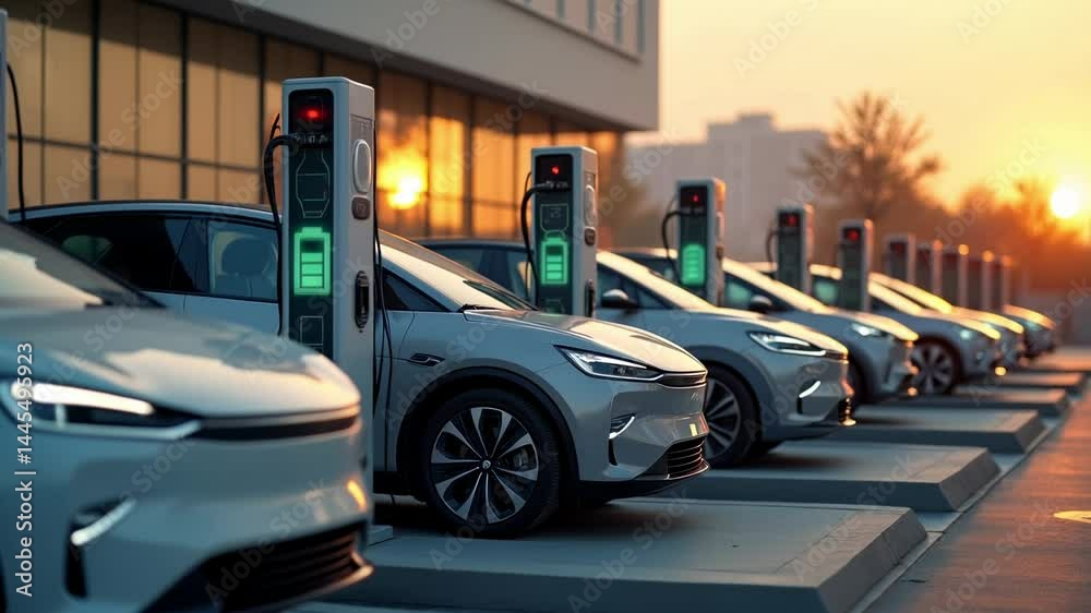 Row of electric cars charging at modern EV stations at sunrise, symbolizing sustainable transportation, green energy, and future mobility
