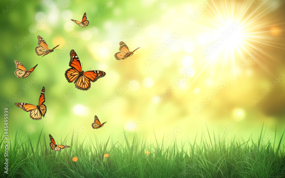 Dozens of monarch butterflies glowing in golden sunlight above fresh spring grass, symbolizing transformation and renewal. Dozens of monarch butterflies glowing in golden sunlight above fresh spring grass, symbolizing transformation and renewal.