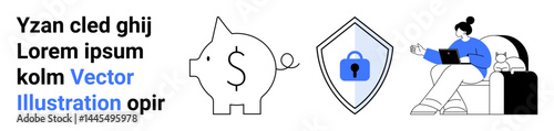Piggy bank with coin, shield with lock for cybersecurity, and woman working on laptop. Ideal for finance, savings, technology, remote work, security, online business flat landing page banner