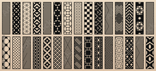 Big set of 30 vector templates for laser cut, plotter, CNC cutting. Elegant modern designs with abstract geometric patterns, oriental floral ornaments. Decorative panel stencils. Aspect ratio 1:4