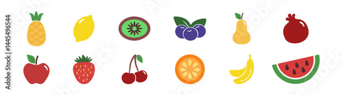 Fruits and berries flat icons. Contains such icons as apple, strawberry, watermelon and more. Editable vector stroke.