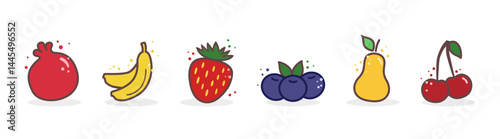 Fruit line vector icon set, berries and fruits in cartoon style. Tropical symbol, vegetarianism logo. Vector illustration.