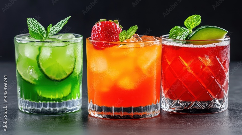 Fototapeta premium Colorful Drinks with Mint and Fruits in Stylish Glasses