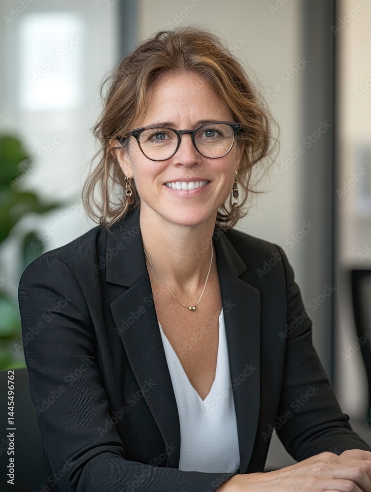 Professional woman with eyeglasses smiles confidently in a well-lit office setting
