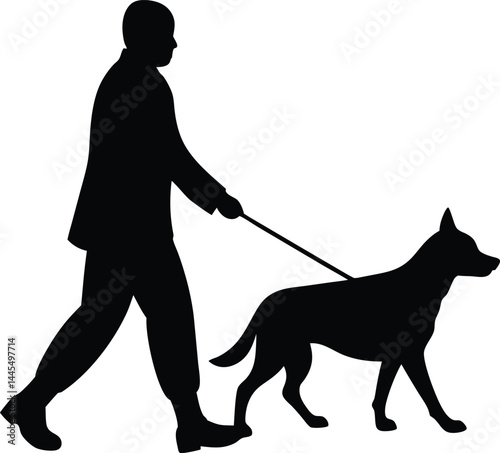 silhouette of a person walking dog on white background