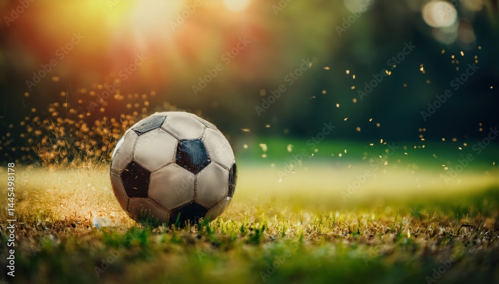 Fototapeta premium close-up of classic black and white soccer ball kicking up grass on sunny field at sunset, perfect for sports branding, web design, or print graphics