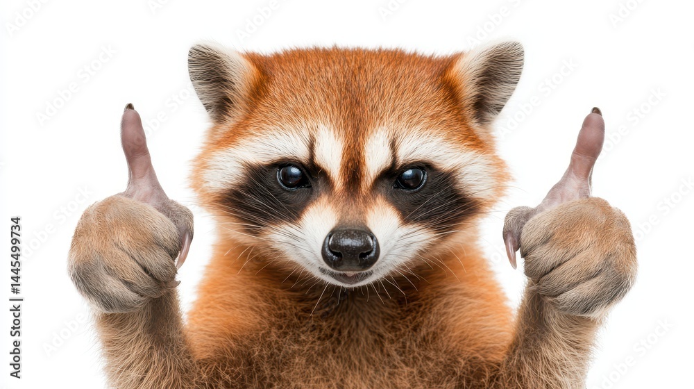 Obraz premium Happy raccoon giving thumbs up gesture in bright studio setting