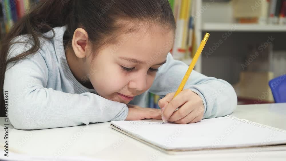Charming little girl deeply focused on drawing in her notebook Charming little girl deeply focused on drawing in her notebook