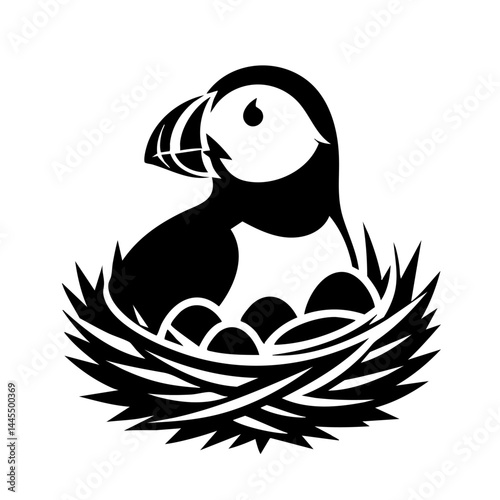 Puffin in Nest: A Black and White Avian Illustration