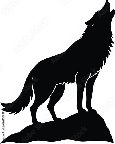 silhouette of a wolf howling on a rock on white background