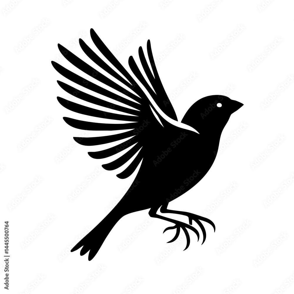 Obraz premium Majestic Bird in Flight: Black Silhouette of a Sparrow Taking Flight
