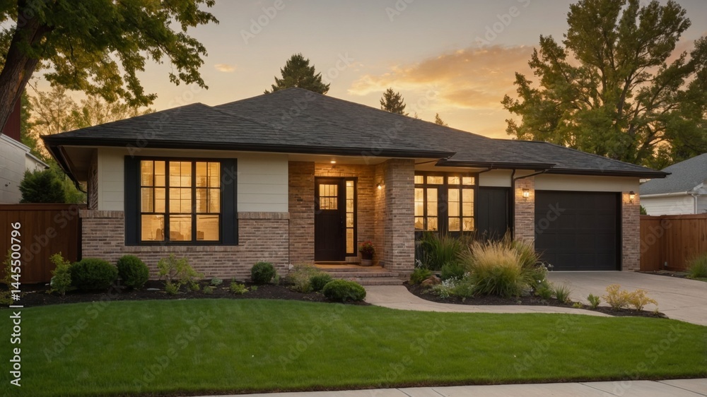 Charming ranch style house exterior in a suburban setting with classic features and a welcoming porch surrounded by lush greenery