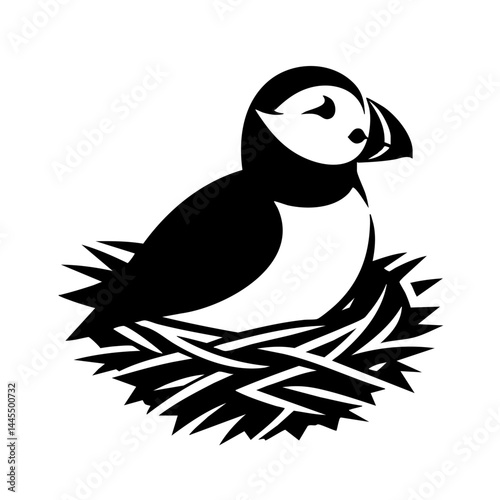 Puffin in its Nest: A Black and White Illustration
