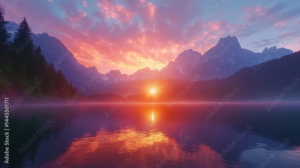 Fototapeta premium Stunning sunset over mountain lake with vibrant clouds and serene reflections