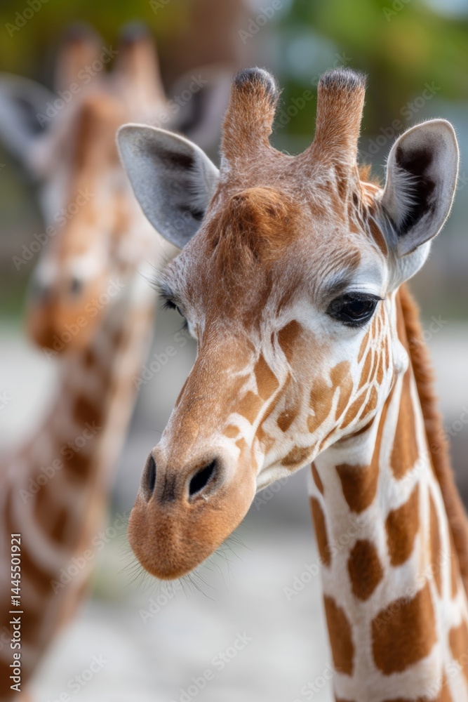 Obraz premium A close up of a giraffe's face with two other giraffes in the background