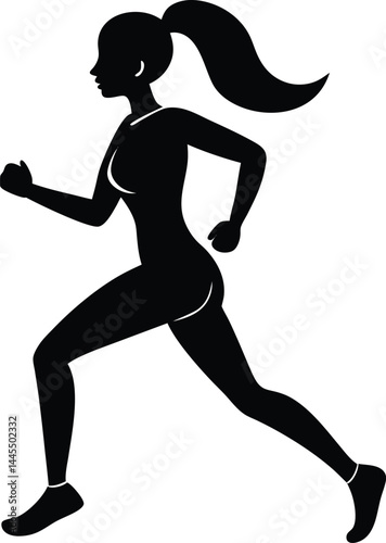 silhouette of a woman with ponytail jogging on white background
