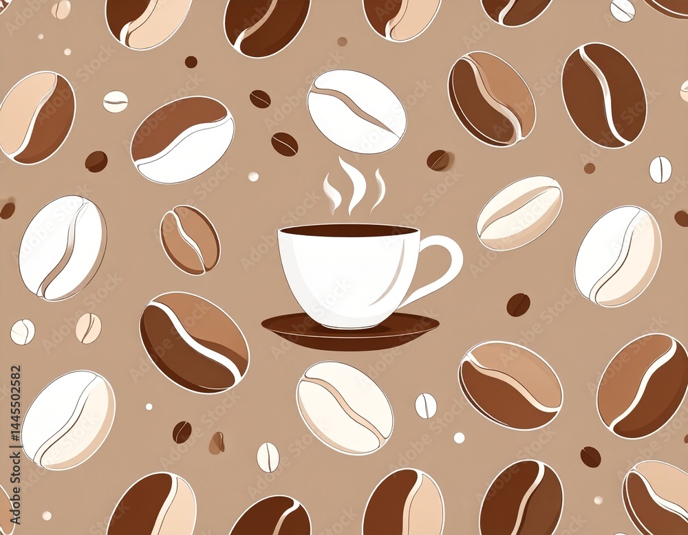 Coffee cup surrounded by coffee beans. Illustration, logo, pattern.