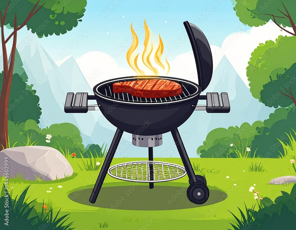 Grill z grillującym się stekiem. Ilustracja.