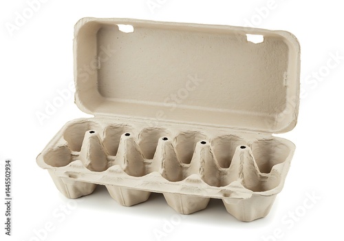 An open empty egg carton made of cardboard material isolated on a white background in a studio shot