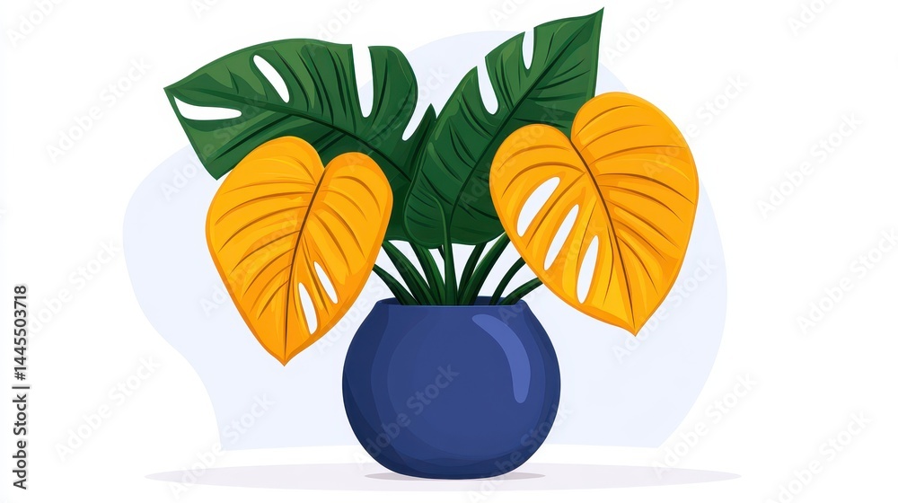 Obraz premium Tropical Monstera Plant with Bright Yellow Leaves in Blue Pot