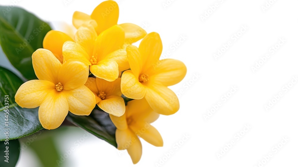 Fototapeta premium Bright Yellow Flowers with Green Leaves Against White Background