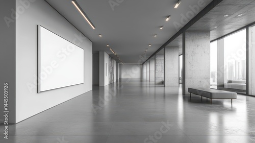Minimalist art gallery interior with empty frames and benches in modern setting