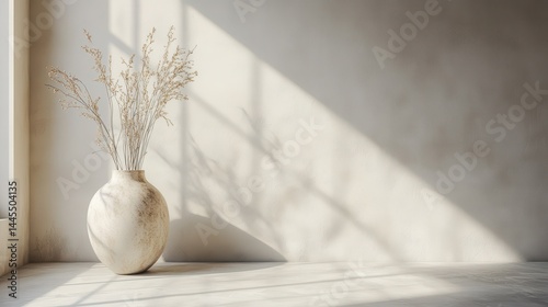 Minimalist interior with ceramic vase and dried flowers in soft sunlight